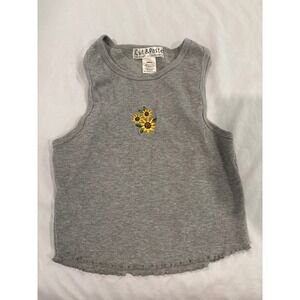 Cut & Paste Grey Ribbed Sunflower Embroidered Lettuce Edge Crop Tank Top Small